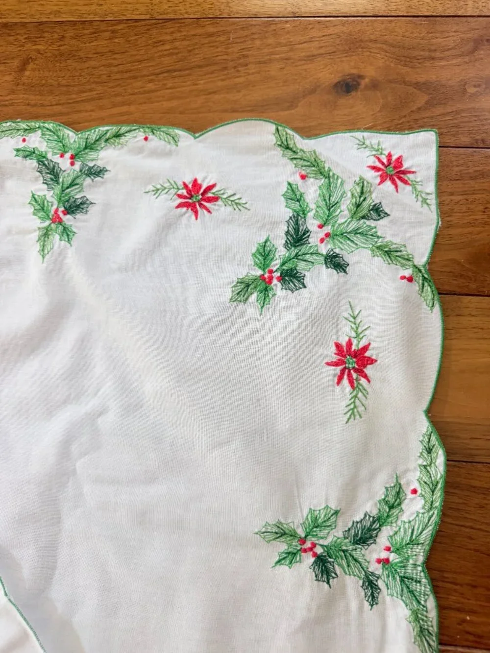 Vintage Handmade Cotton Christmas Tablecloth Set 8 Embroidered Napkins Included